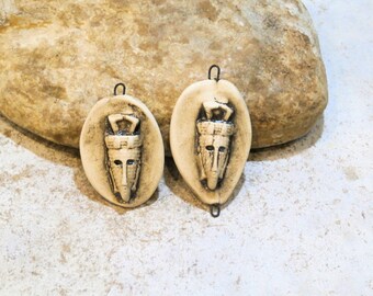 African tribal sorcerer mask pendant, mixed connector pendant, primitive ethnic, costume jewelry supplies, artisanal ceramic