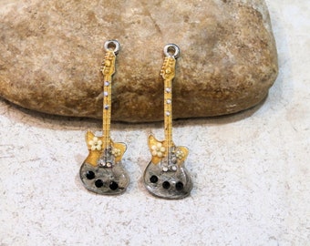 guitar charms 6.4cm long, hand painted, flower decor, rock'n'roll hippie chic boho, silver metal, 2 yellow blue green charms