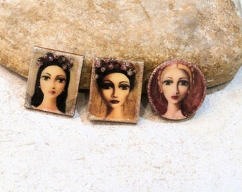 cabochon en bois, douceur portrait rétro chouette, baroque romantique, fournitures pour bijou ou scrapbooking, pour collage tissage perles