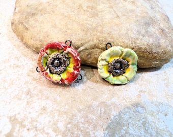 green poppy anemone flower, 3 hook connector pendant, handmade ceramic, boho hippie chic flower, supplies