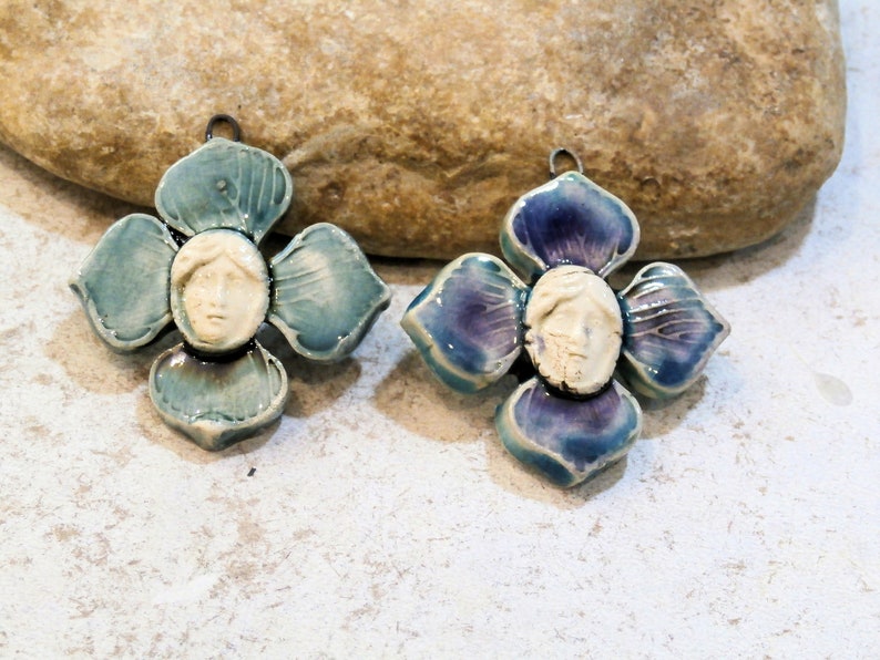 handmade supply pendant for necklace ooak blue pendant french art nouveau young girl in the middle of a flower