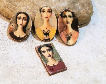 cabochon en bois, portrait rétro chouette chat chien, baroque romantique, fournitures pour bijou ou scrapbooking, collage tissage perles