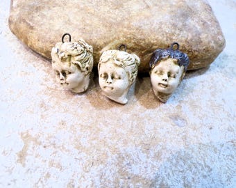 pendant, doll head in the style of an old porcelain doll, handmade ceramic, jewelry making supplies, beige