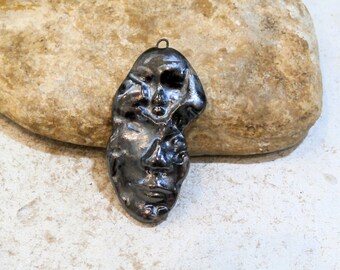 artisanal ceramic pendant, modern steampunk, double face, metallic black, gemini, twins, men's or women's jewelry