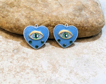 look, eyes, eye, sacred heart, 2 charms for mounting loops, hippie boho chic, hand-painted fantasy charm, blue green