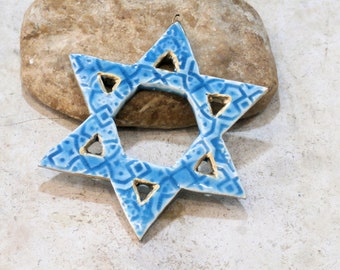 Star of David, home decoration, turquoise blue and gold, artisanal ceramic, handmade, unique model, wall decoration