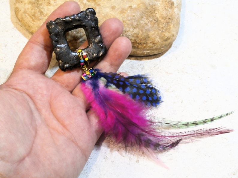 black and rainbox ceramic pendant hippie boho pendant feathers and doonut ooak component for necklace handmade earthy supply