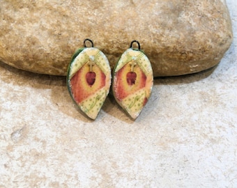 sacred heart, ooak handmade ceramic charms for earrings creation, leaf shape, ooak handmade earthy supply, components, green orange