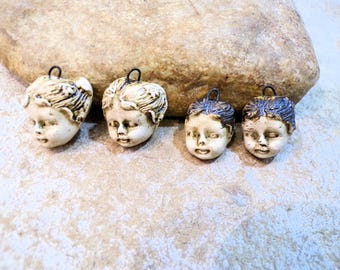 miniature doll heads, MADE TO ORDER, 2 charms for mounting into earrings, handmade ceramic, beige brown
