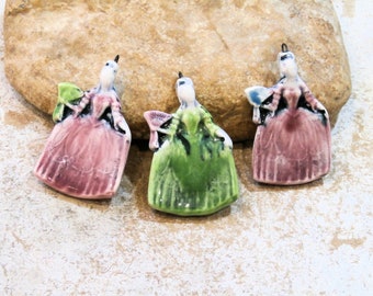 marie antoinette pendant, ooak handmade ceramic supply, art doll pendant, green or pink, ooak component, ooak earthy component