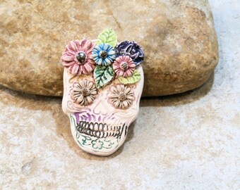 flowery skeleton, large calaveras cabochon, skull, artisanal ceramic, supply for Halloween costume jewelry, multicolored