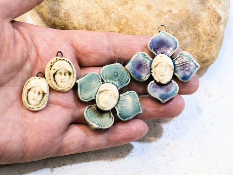 handmade supply pendant for necklace ooak blue pendant french art nouveau young girl in the middle of a flower