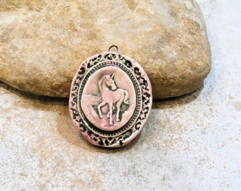 unicorn pendant, boho romantic fairy fantasy jewelry, ceramic craft supplies, pink and green for bookmark necklace