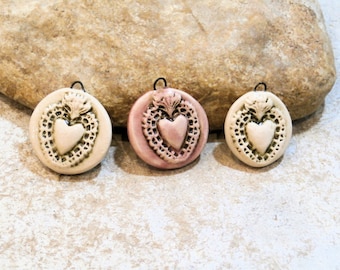 sacred heart, Ex-voto, artisanal ceramic pendant for creating rosary necklace, boho craft supplies, religious, pink beige