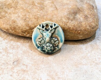 romantic deer pendant, artisanal ceramic, forest animal, gift for her, blue, supply for jewelry creation, spring