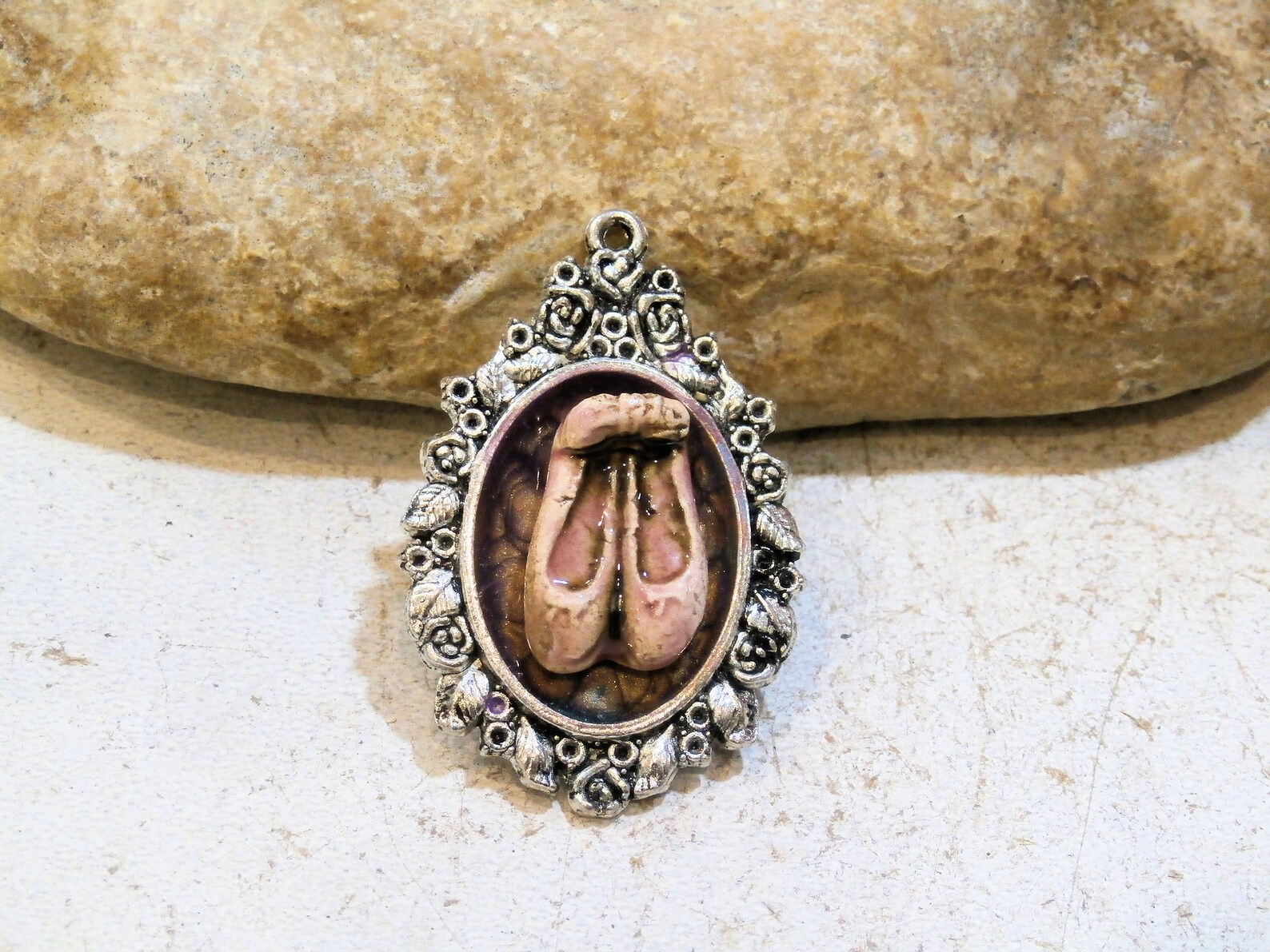 handpainted pendant, supply for necklace creation, diy supply, ballet shoes, purple and pink, ooak components