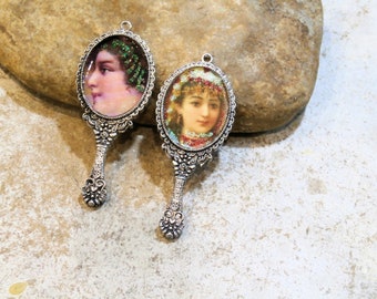 bohemian, fortune teller, gypsy, mirror pendant, silver metal, glazed and decorated portrait