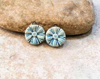 gerbera anemone flowers, 2 charms for curls, artisanal ceramic, boho hippie chic flower, supplies, turquoise blue
