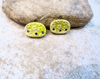 oval connectors, geometric, anise green, 2 charms for earrings, boho hippie, handmade ceramic jewelry supplies