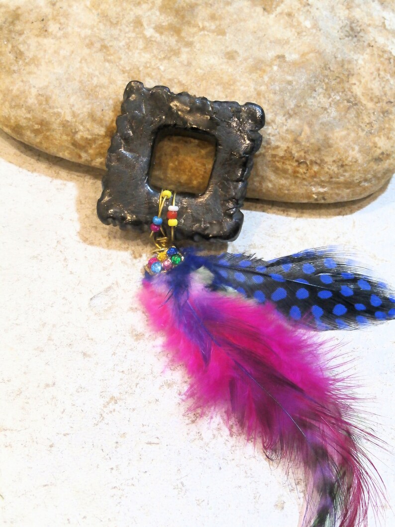 black and rainbox ceramic pendant hippie boho pendant feathers and doonut ooak component for necklace handmade earthy supply