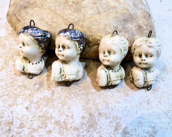doll head, porcelain doll style, 1 connector with 2 hooks, handmade ceramic, jewelry making supplies, beige