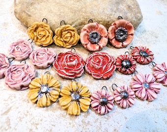 flowers, 2 charms of your choice for mounting in earrings, handmade ceramic, multi-colored, romantic hippie chic, autumn
