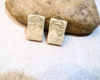 rectangles, floral geometries, 2 charms for earrings, boho hippie, handmade ceramic supplies costume jewelry, beige