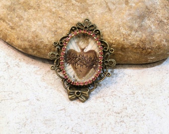 sacred heart brass frame pendant, Ex-Voto, costume jewelry supply or dollhouse or embroidery, bronze brass, beige brown