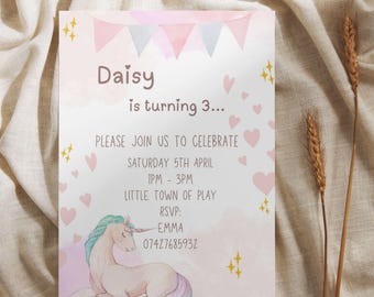 Unicorn Party Invitation - Personalised Digital Printable - 1st, 2nd, 3rd 4th - Any Age