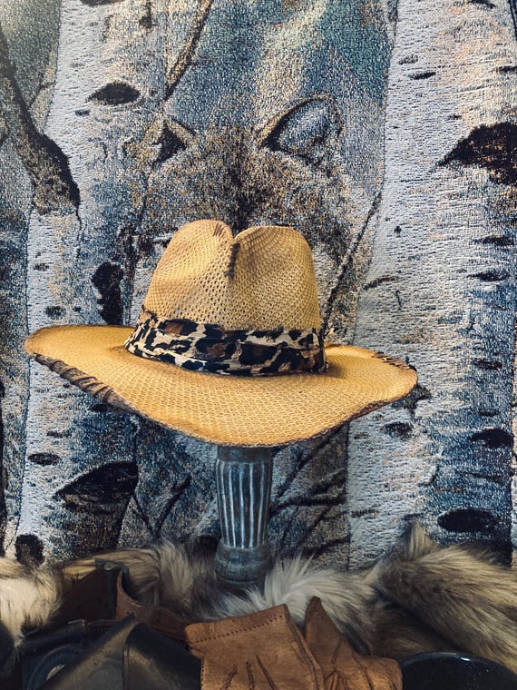 Yellow Fedora Sun Hat. Distressed With Leopard Print 
