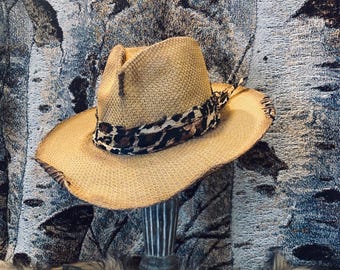 Mustard Yellow Wide-Brim Fedora with Leopard Band Yellow Fedora Sun Hat. Distressed With Leopard Print  main image 2