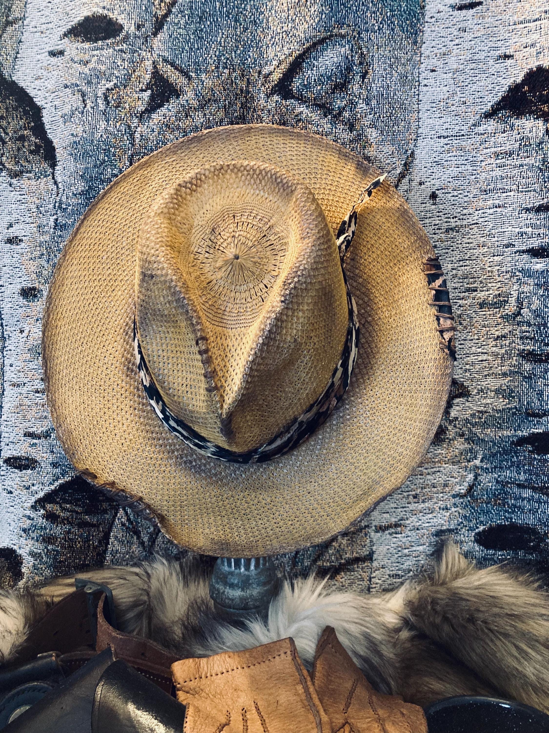 Yellow Fedora Sun Hat. Distressed With Leopard Print  display picture 3