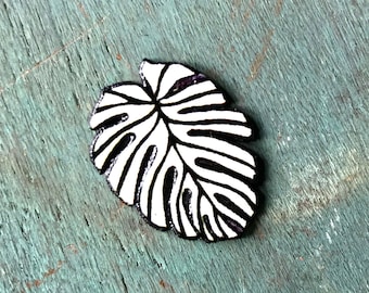 Tropical Monstera Palm Leaf Tiki Lapel Pin Pinback Button Hand Drawn Black and White Botanical Brooch