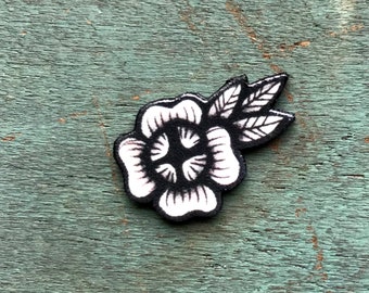 Tiny Tattoo Rose Lapel Pin Pinback Button Leaves Black and White Traditional Tattoo