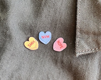 Conversation candy hearts pins set of three customizable love anti love self love feminist