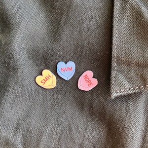 Conversation candy hearts pins set of three customizable love anti love self love feminist image 1