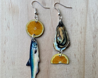 Boucles d'oreilles anchois et huîtres amusants d'été sardines anchois cadeau nouveauté citron faux aliment