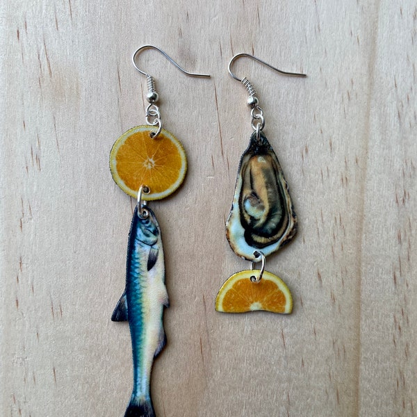 Anchovy and Oysters Earrings summer fun food sardines anchovie novelty gift lemon fake food