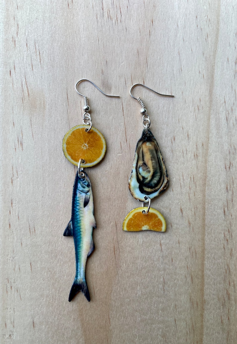 Anchovy and Oysters Earrings summer fun food sardines anchovie novelty gift lemon fake food image 1