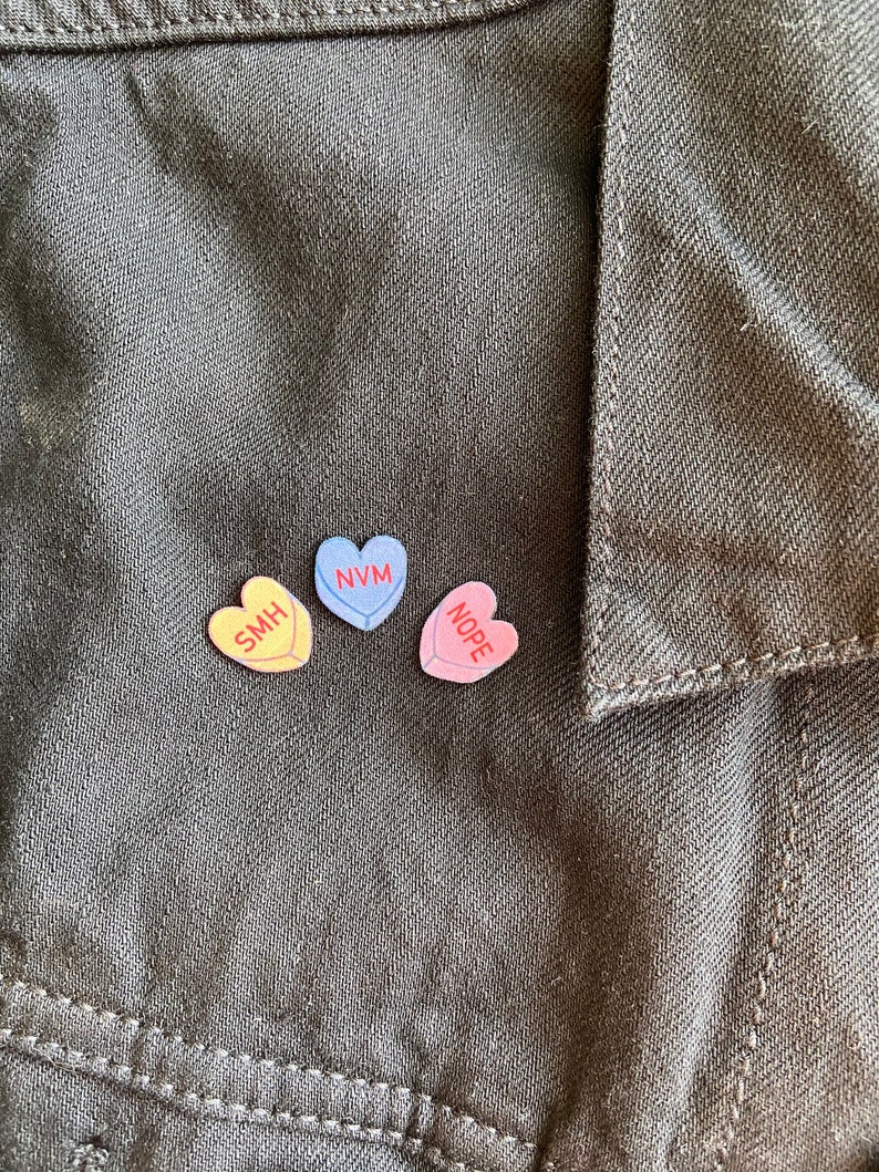 Conversation candy hearts pins set of three customizable love anti love self love feminist image 1
