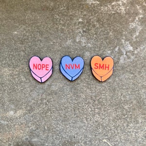 Conversation candy hearts pins set of three customizable love anti love self love feminist image 3