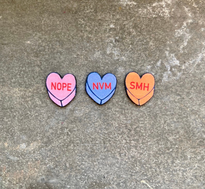 Conversation candy hearts pins set of three customizable love anti love self love feminist image 3