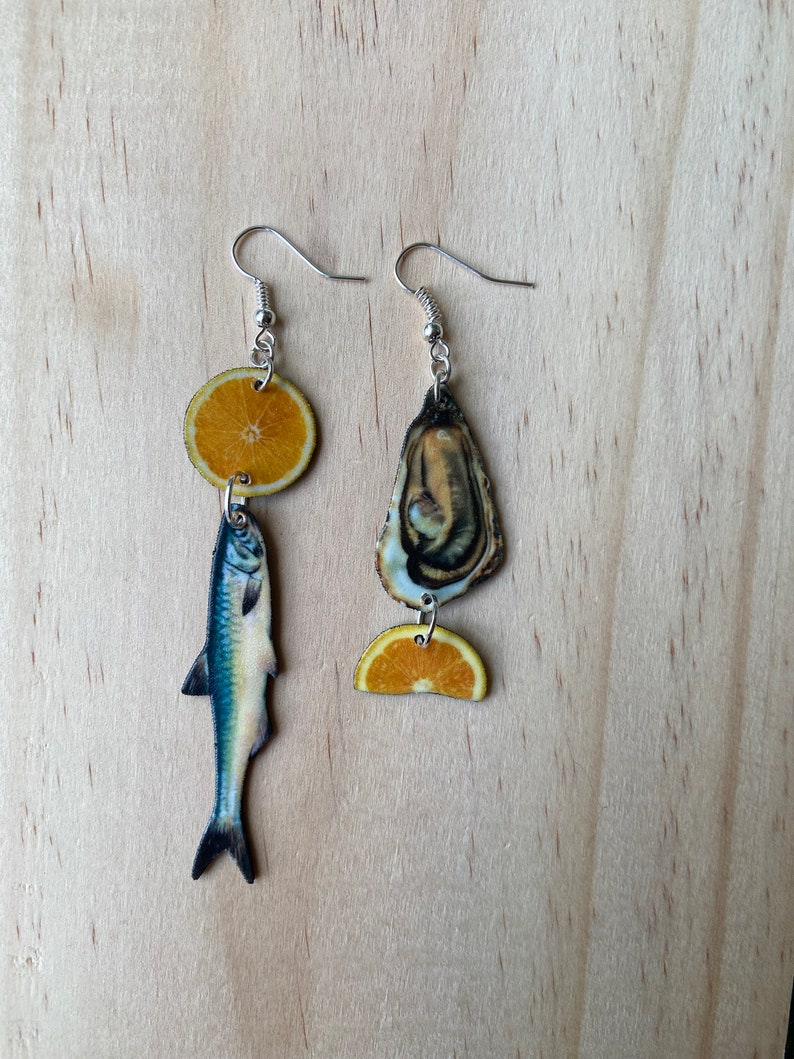 Anchovy and Oysters Earrings summer fun food sardines anchovie novelty gift lemon fake food image 2