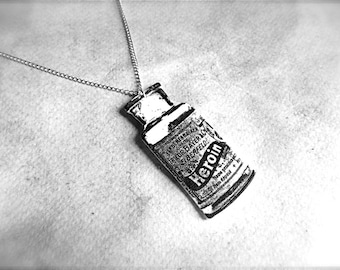 bayer heroin bottle necklace with silver plated chain