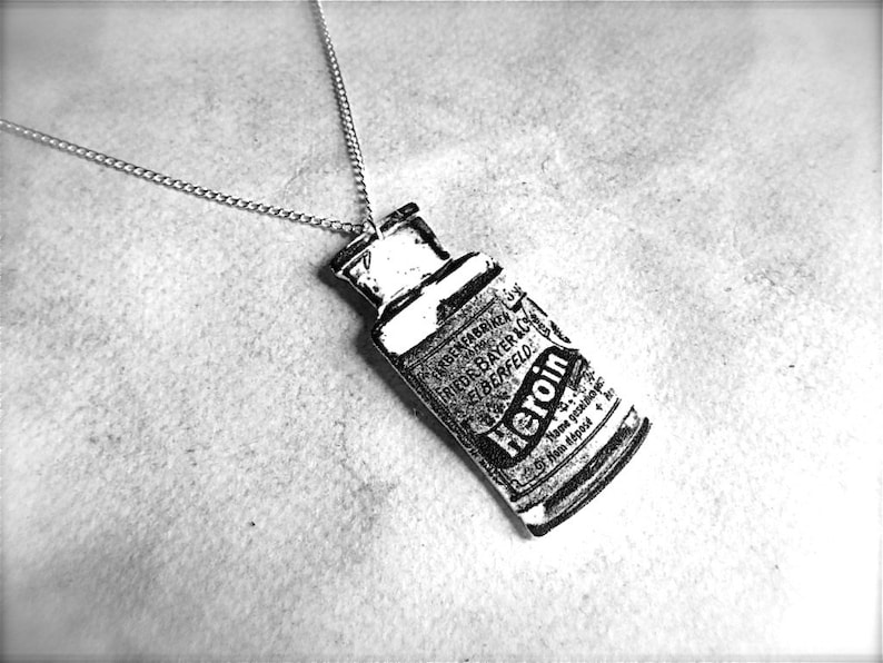 bayer heroin bottle necklace with silver plated chain image 1