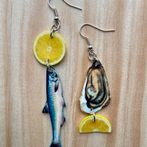 Anchovy and Oysters Earrings summer fun food sardines anchovies novelty gift lemon fake food