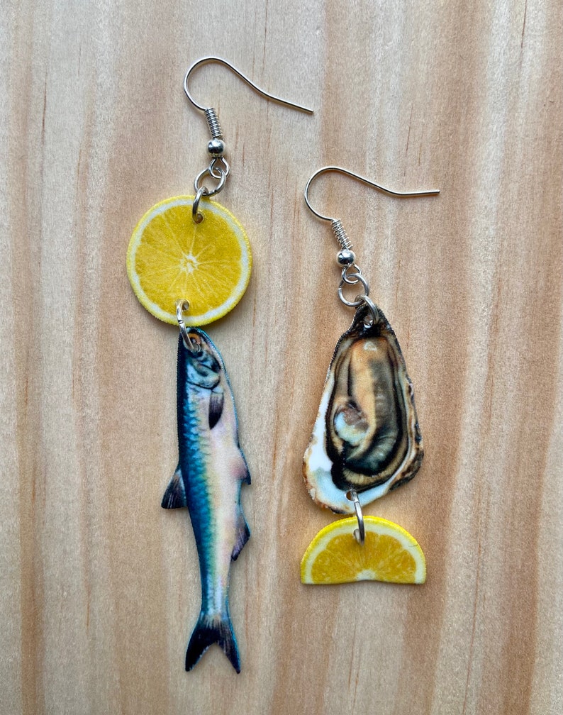 Anchovy and Oysters Earrings summer fun food sardines anchovie novelty gift lemon fake food image 3