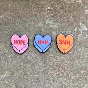 Conversation candy hearts pins set of three customizable love anti love self love feminist image 2