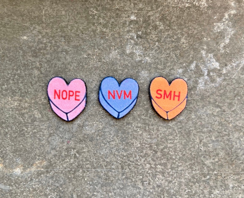 Conversation candy hearts pins set of three customizable love anti love self love feminist image 2