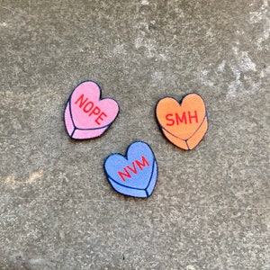 Conversation candy hearts pins set of three customizable love anti love self love feminist image 4